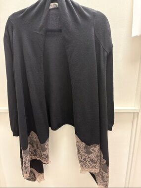 Black Open-Front Women’s Sweater with Lace Trim
